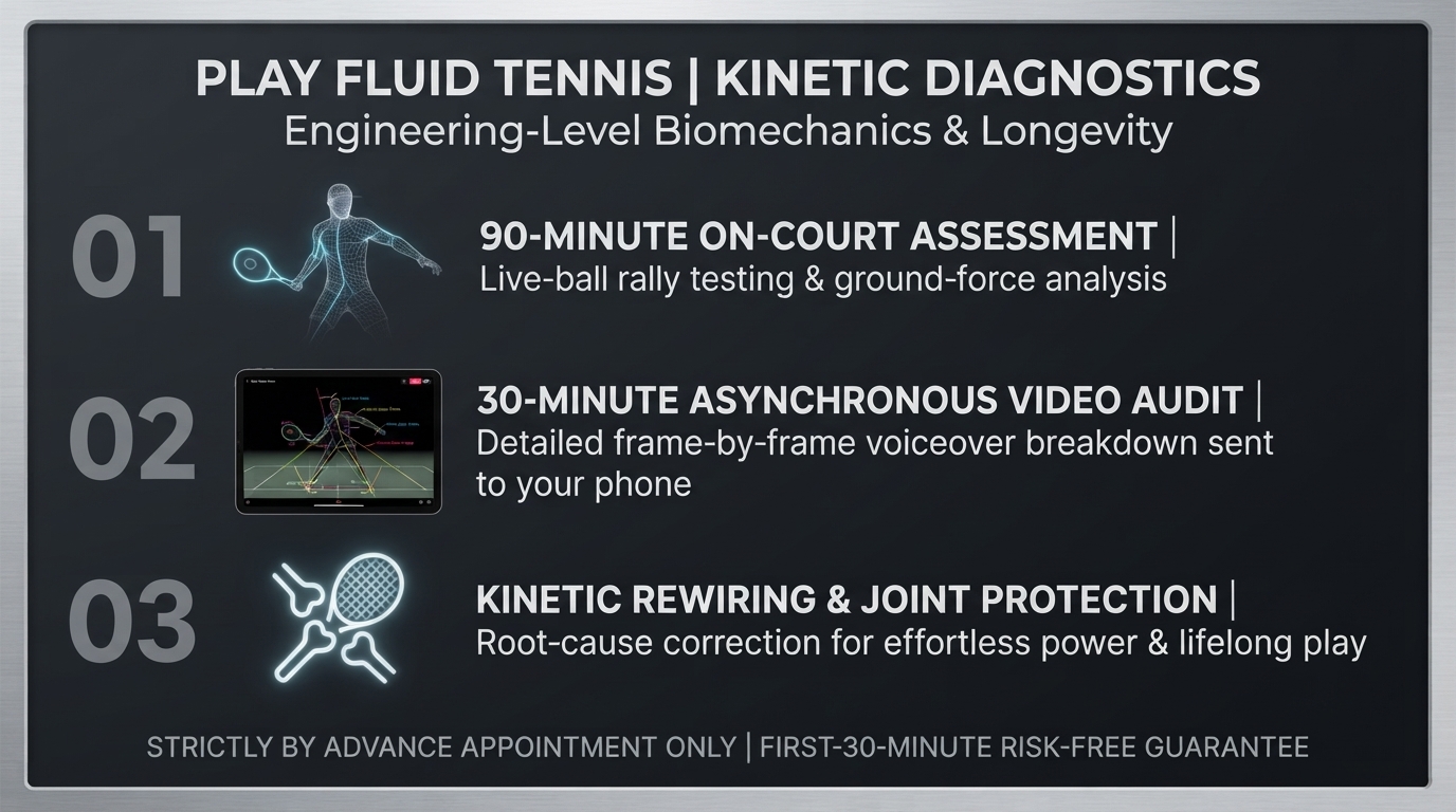 Kinetic diagnostics: 90-minute on-court assessment, 30-minute video audit, kinetic rewiring