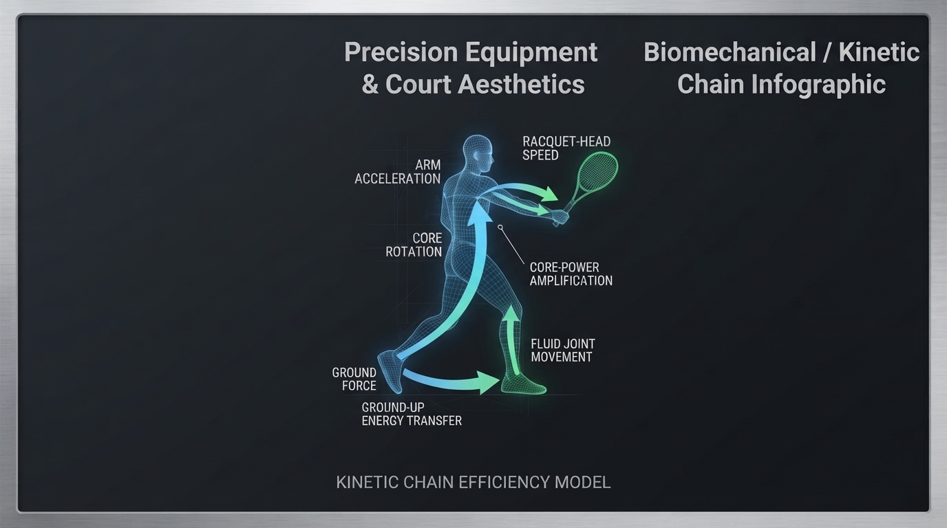 Kinetic chain infographic: ground force through core rotation to racquet-head speed